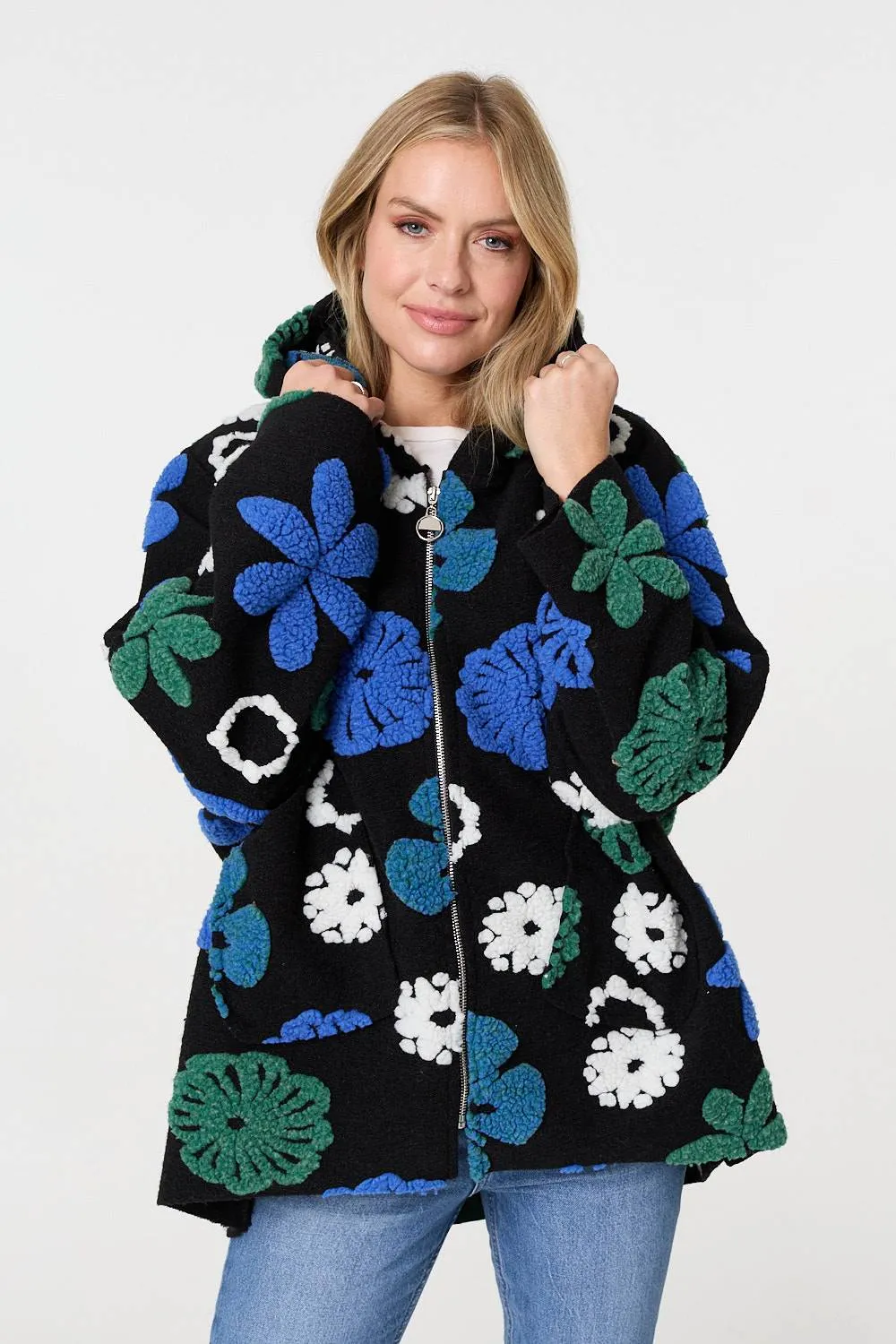 Textured Floral Longline Hoodie Coat