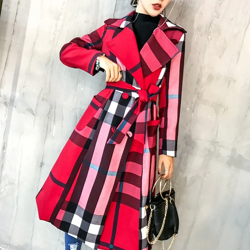 Thickened autumn and winter new women&#39;s lapels in the long simple color matching retro plaid coat temperament windbreaker