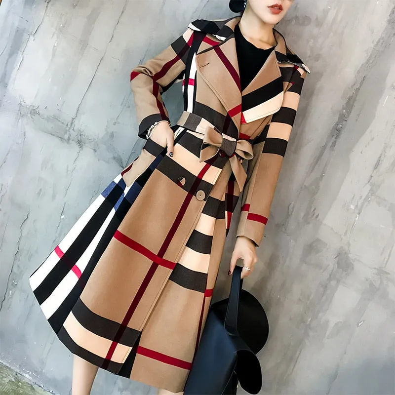 Thickened autumn and winter new women&#39;s lapels in the long simple color matching retro plaid coat temperament windbreaker