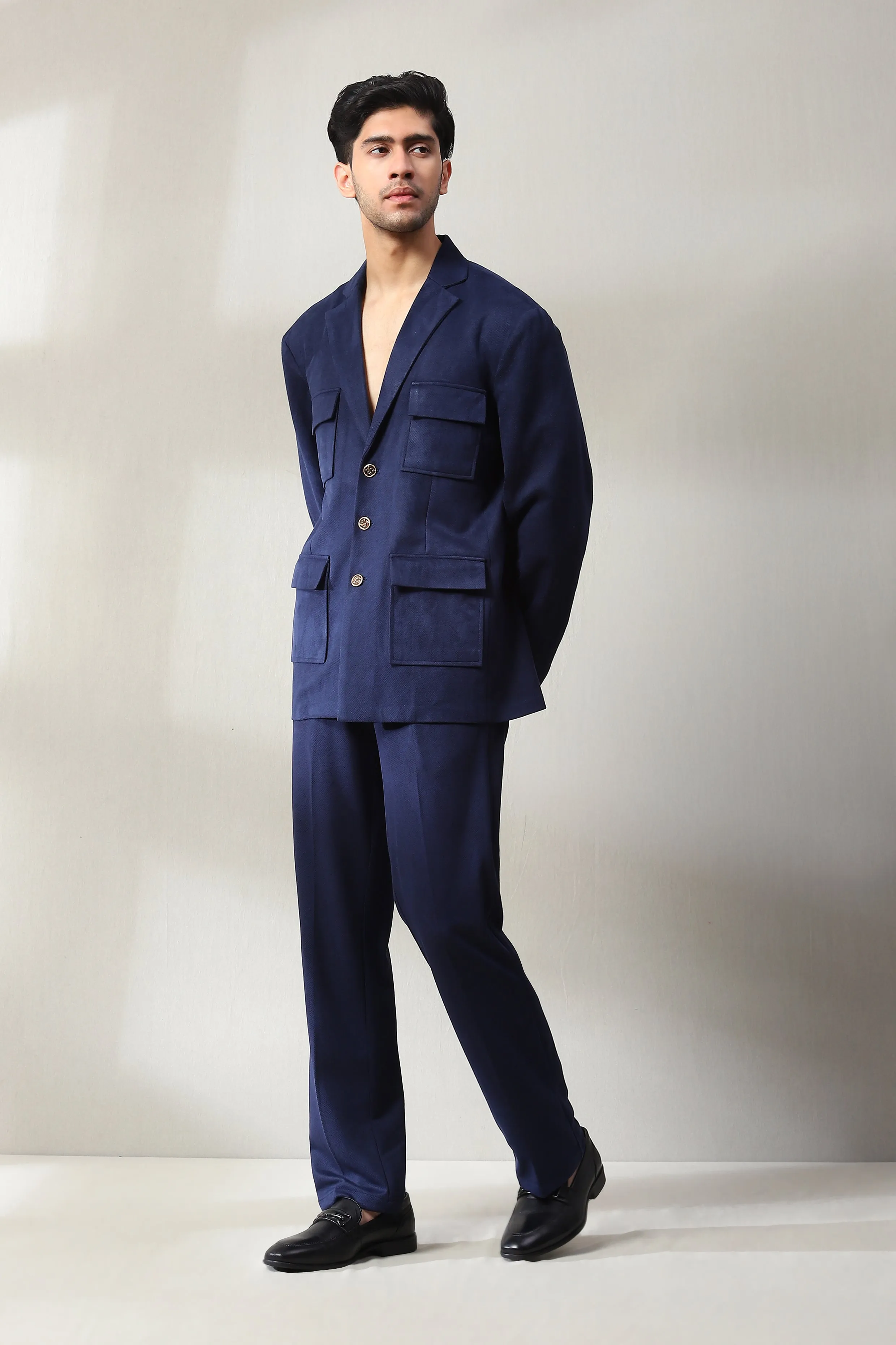 This violet blue corduroy velvet co-ord set has stylish patch pockets