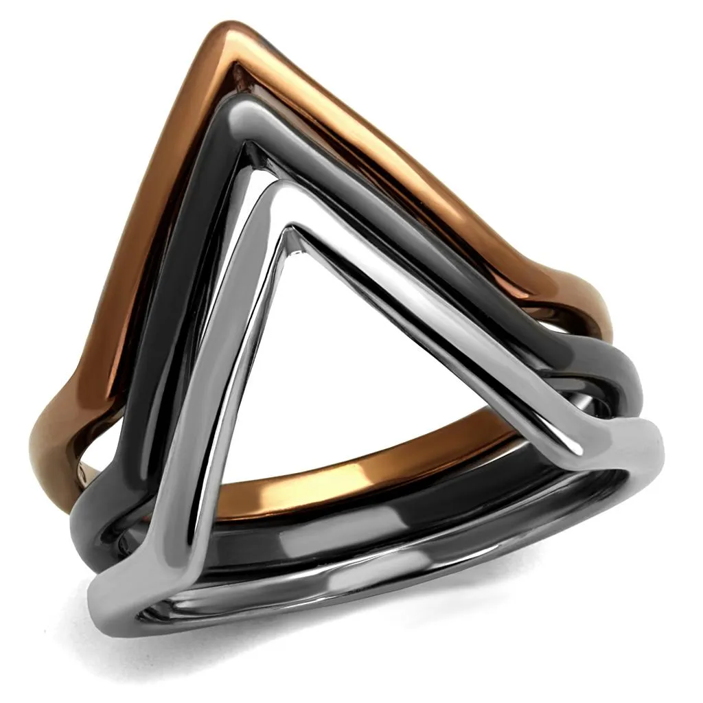 Three Tone IPï¼ˆIP Light Coffee & IP Light Black & High Polished) Stainless Steel Ring with No Stone for Women Style TK2649