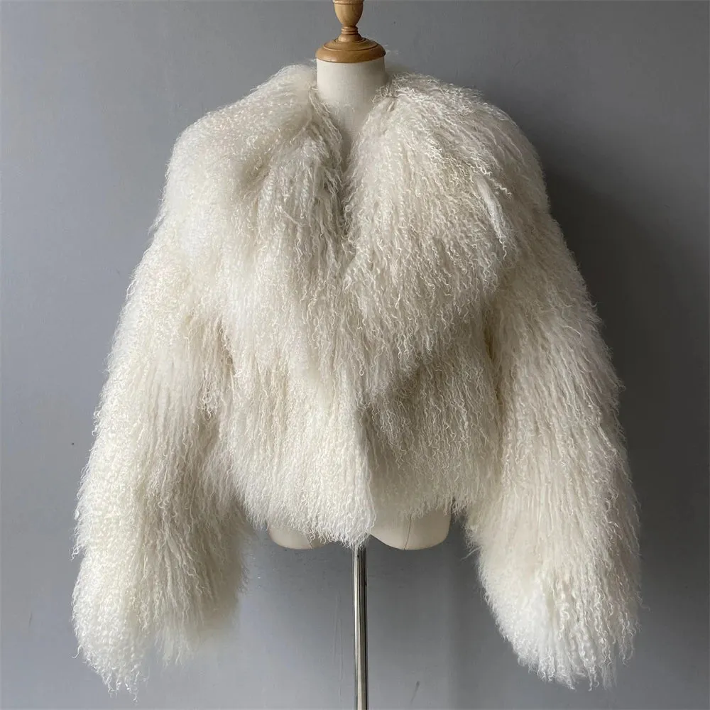 Tibetan Mongolian Lamb Fur Jacket with Collar