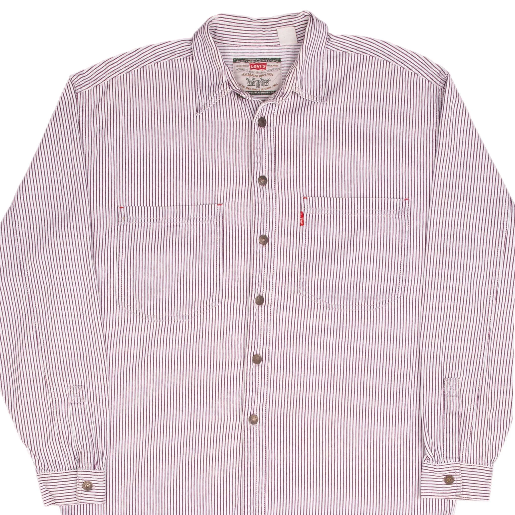 VINTAGE LEVIS DENIM PURPLE WHILE STRIPED POCKET SHIRT 1990S SIZE MEDIUM