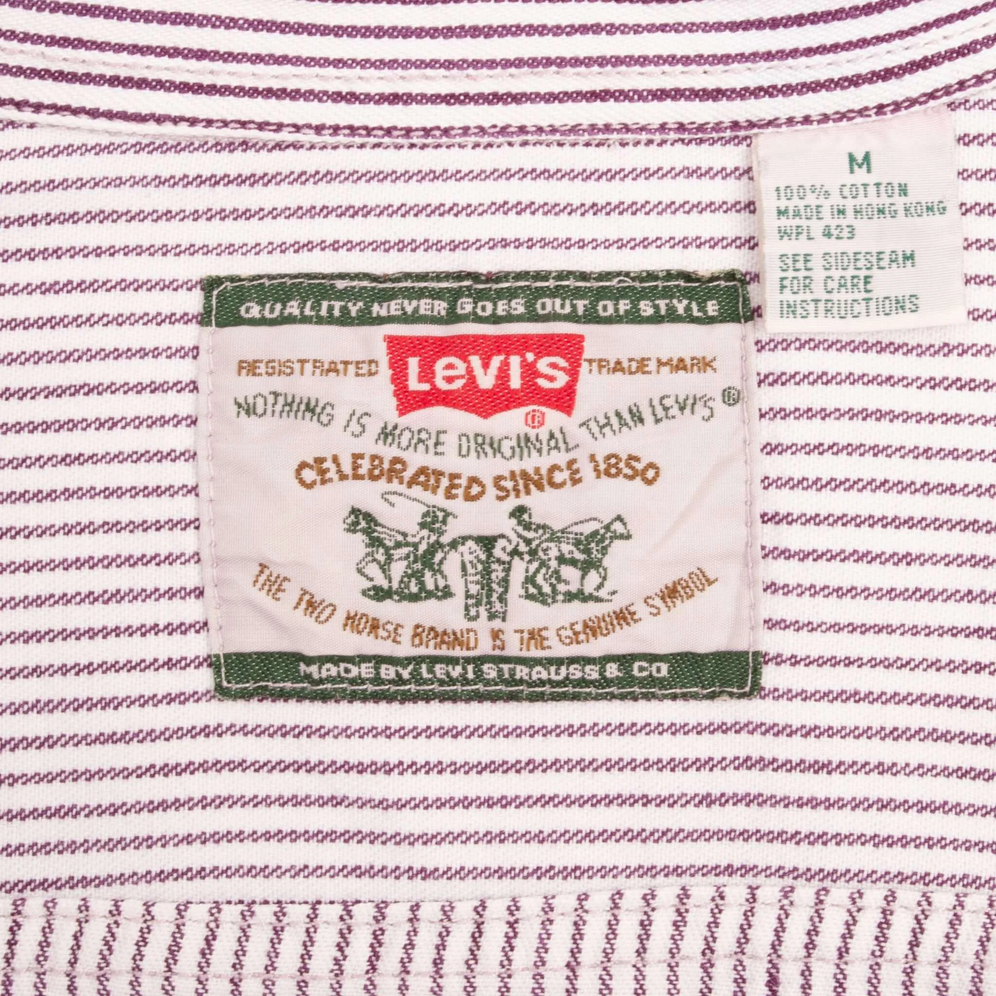 VINTAGE LEVIS DENIM PURPLE WHILE STRIPED POCKET SHIRT 1990S SIZE MEDIUM