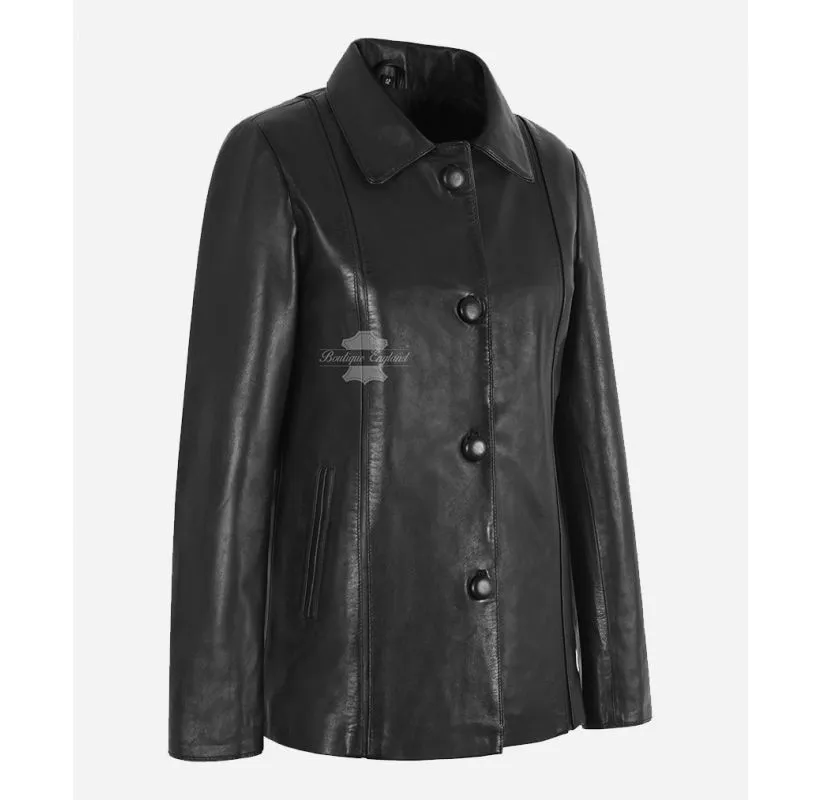 VOGUE Ladies Leather Car Coat Black Button-Down Collared Jacket