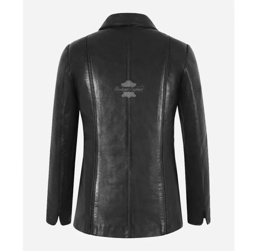 VOGUE Ladies Leather Car Coat Black Button-Down Collared Jacket