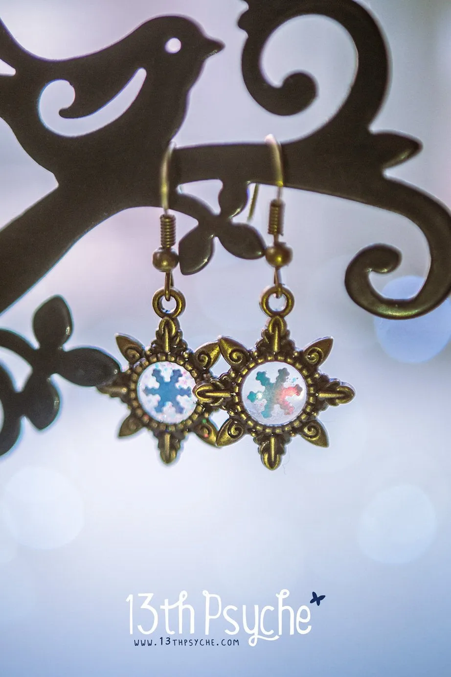 Winter inspired, snowflake dangle drop earrings