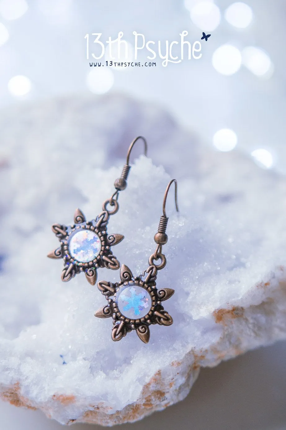 Winter inspired, snowflake dangle drop earrings