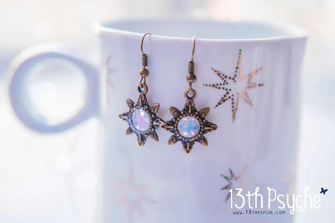 Winter inspired, snowflake dangle drop earrings