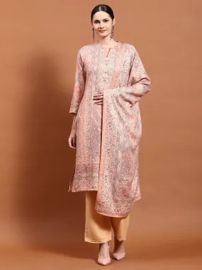 Winter Women Peach Floral Print Kurta Comfort Pant Dupatta