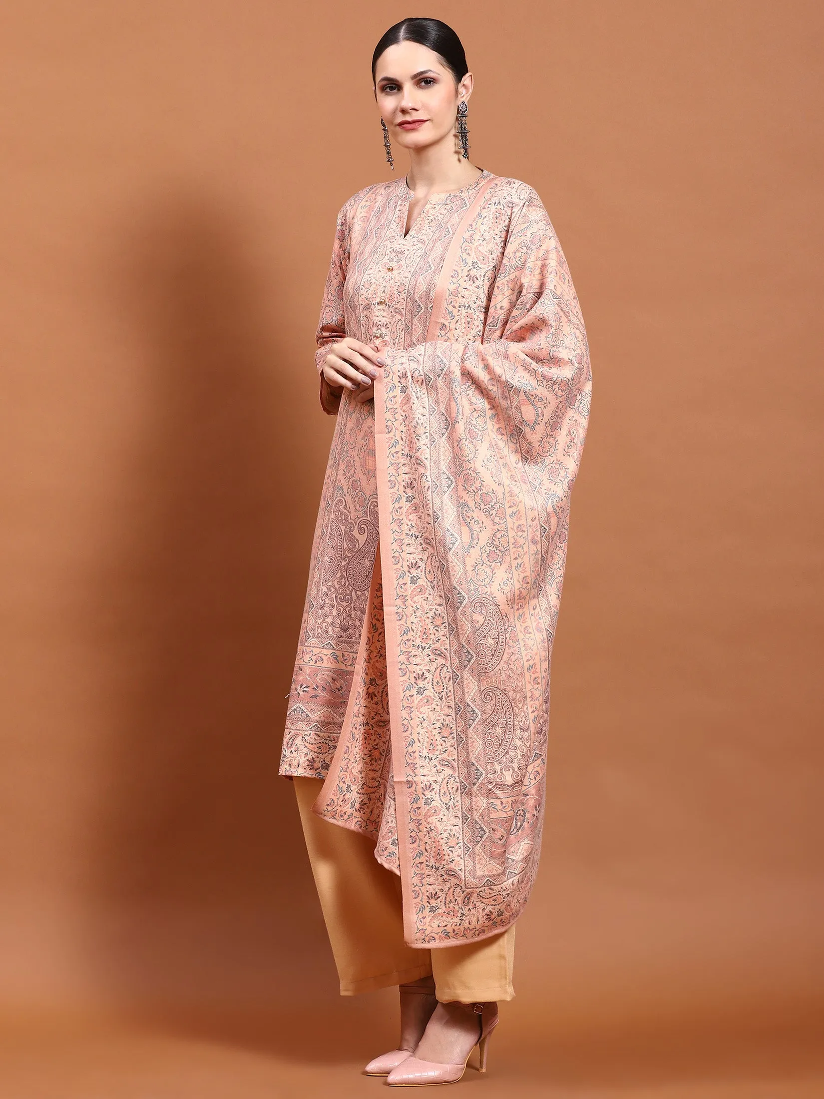 Winter Women Peach Floral Print Kurta Comfort Pant Dupatta