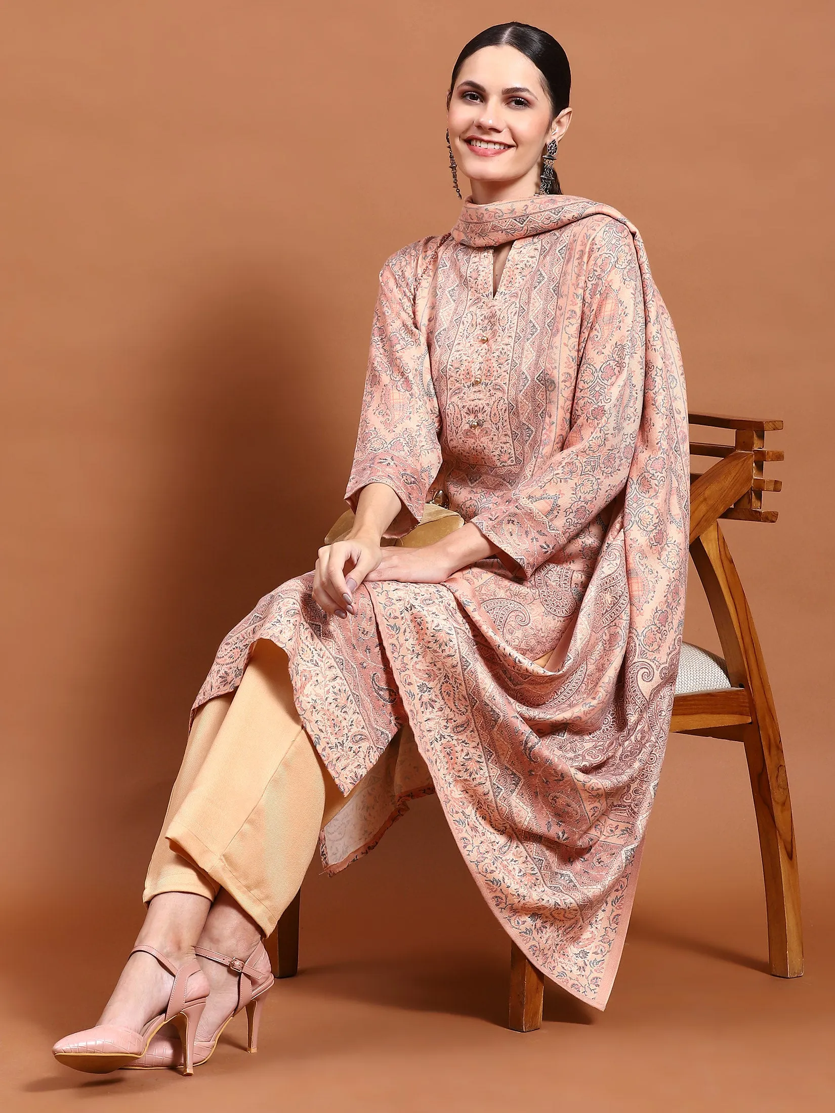 Winter Women Peach Floral Print Kurta Comfort Pant Dupatta