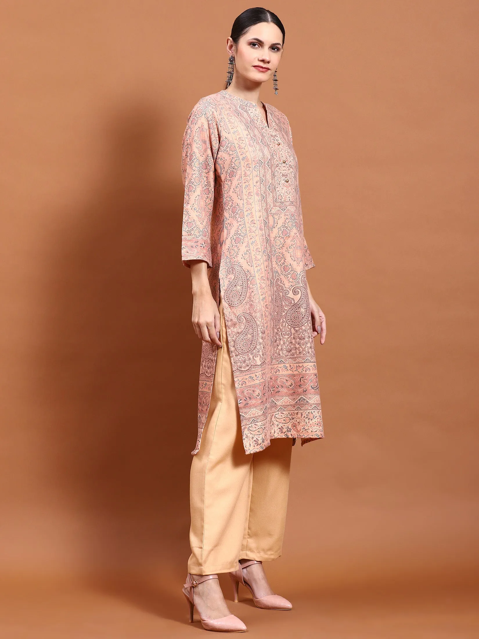 Winter Women Peach Floral Print Kurta Comfort Pant Dupatta