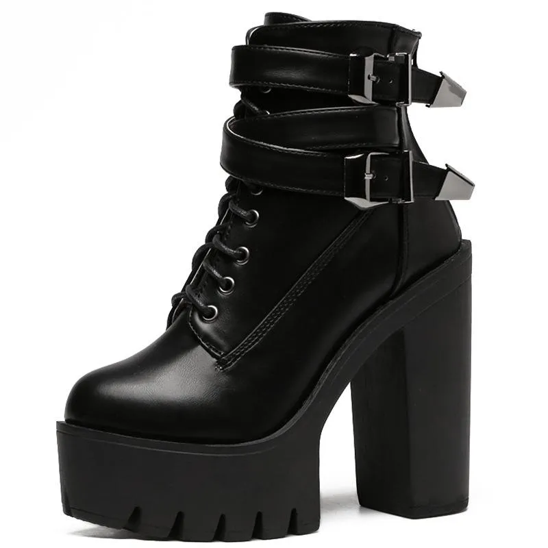 Women chunky high heel buckle strap short black platform boots