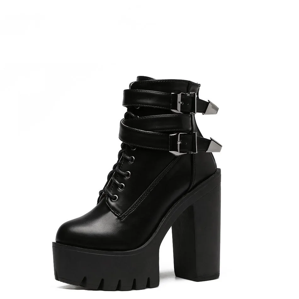 Women chunky high heel buckle strap short black platform boots