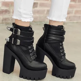 Women chunky high heel buckle strap short black platform boots