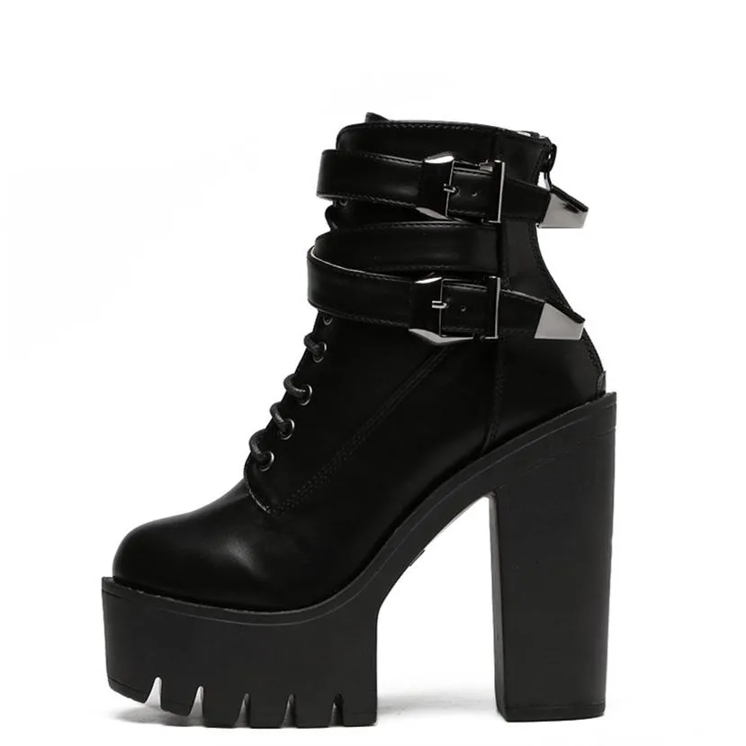 Women chunky high heel buckle strap short black platform boots