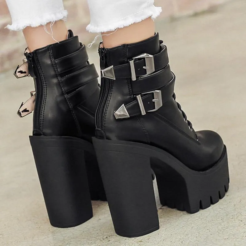 Women chunky high heel buckle strap short black platform boots