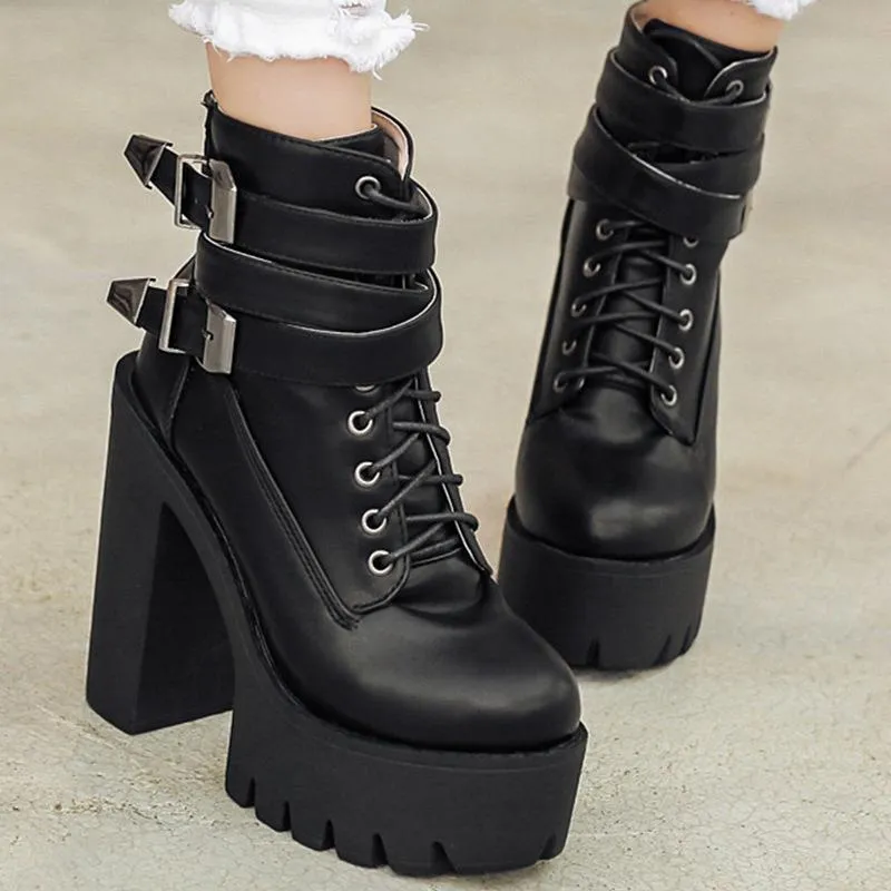 Women chunky high heel buckle strap short black platform boots