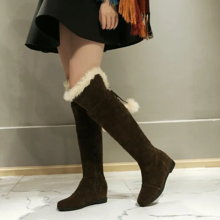 Women winter fuax fur warm flat heel over the knee snow boots