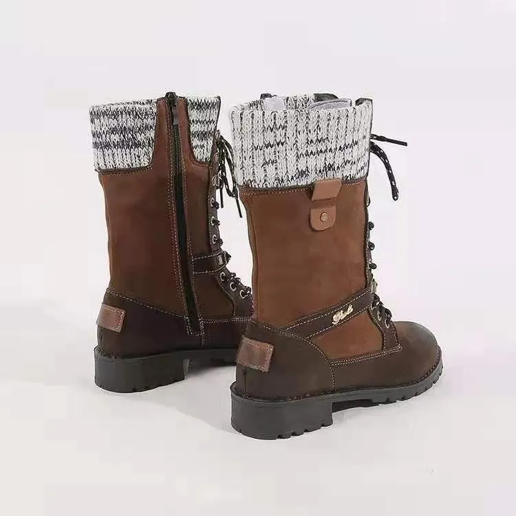 Women winter mid calf side zipper lace up boots