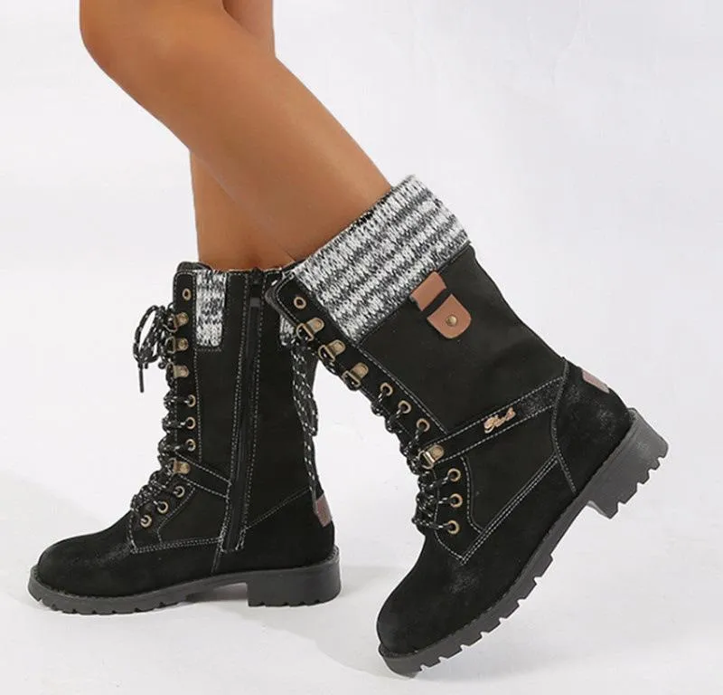 Women winter mid calf side zipper lace up boots