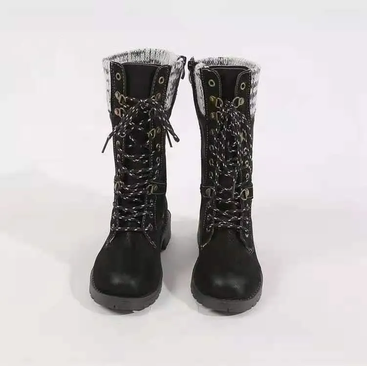 Women winter mid calf side zipper lace up boots