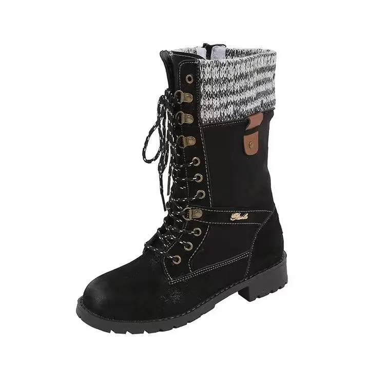 Women winter mid calf side zipper lace up boots