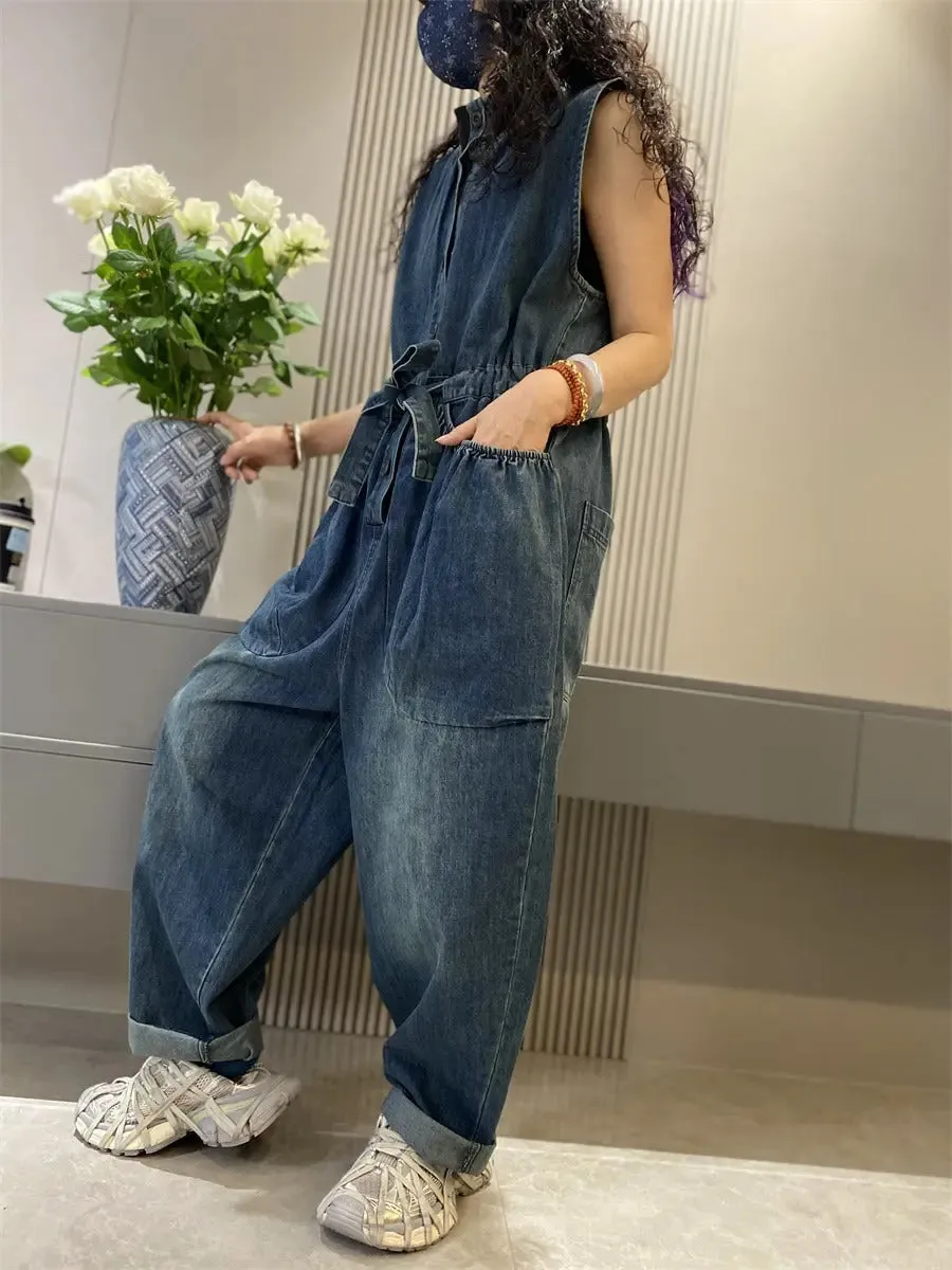 women's jean overall pants wide leg denim jumpsuit Retro Cargo Jean