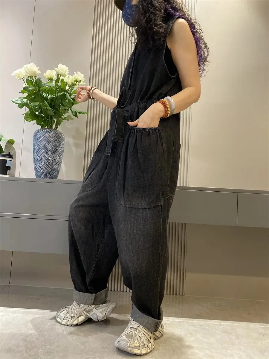 women's jean overall pants wide leg denim jumpsuit Retro Cargo Jean