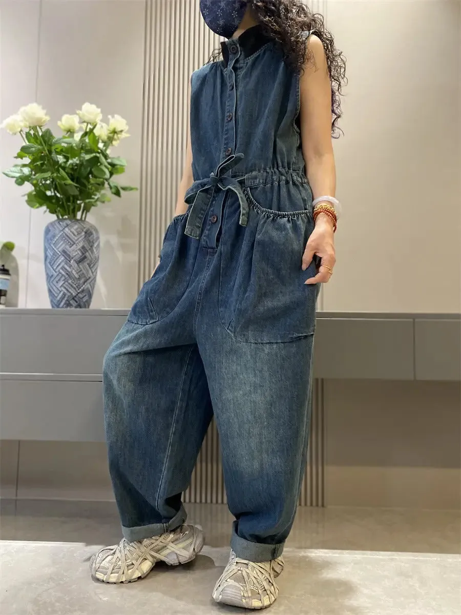 women's jean overall pants wide leg denim jumpsuit Retro Cargo Jean