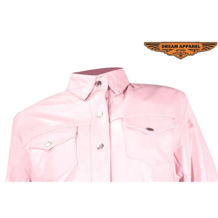 Womens Leather Pink Shirt With Snaps Lining