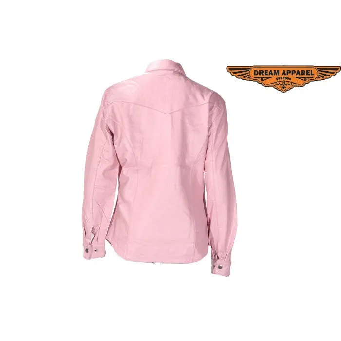 Womens Leather Pink Shirt With Snaps Lining