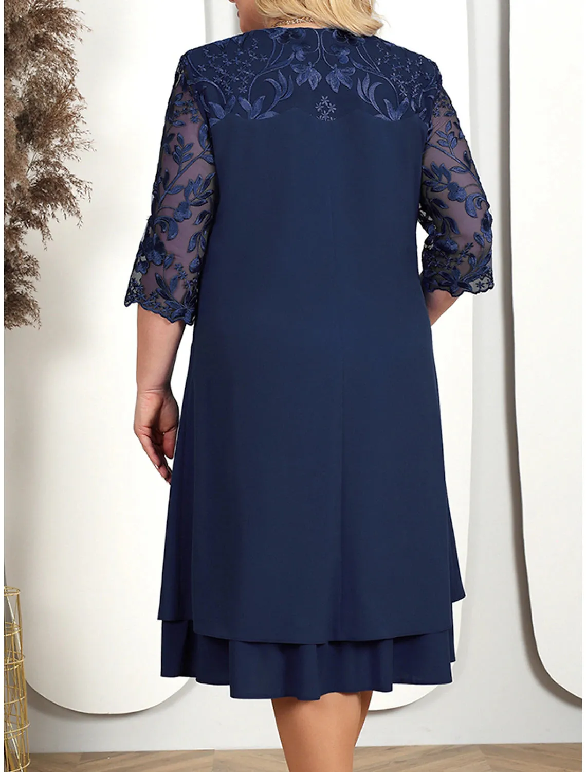 Women's Plus Size Curve Party Dress Lace Dress Cocktail Dress Midi Dress Pink Dark Blue Light Blue 3/4 Length Sleeve Floral Lace Spring Fall Winter Crew Neck Fashion Birthday Wedding Guest