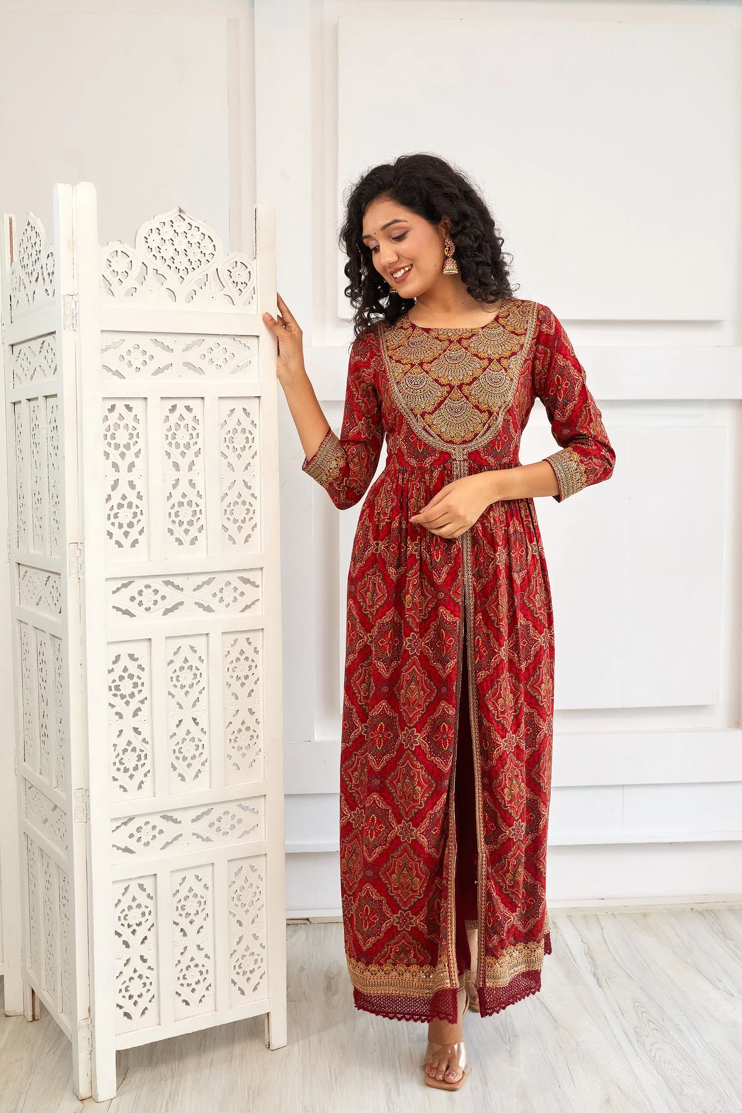 Women's Rayon Maroon A-Line Kurta, Pant & Dupatta With Fancy Potli Set