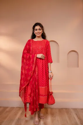 Women's Red Rayon Nyara Cut A-Line Kurta Pant and Dupatta With Fancy Potli Set