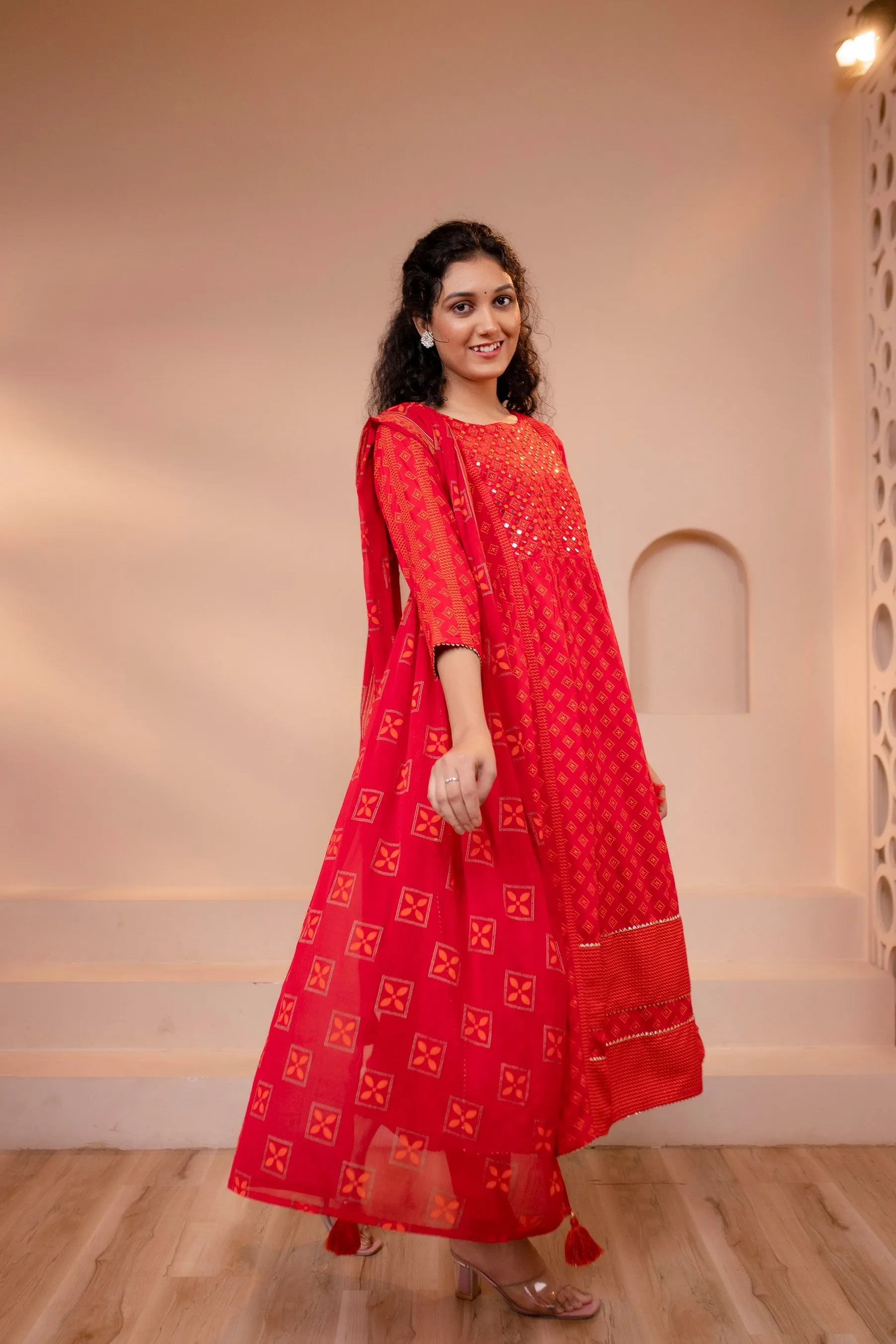 Women's Red Rayon Nyara Cut A-Line Kurta Pant and Dupatta With Fancy Potli Set