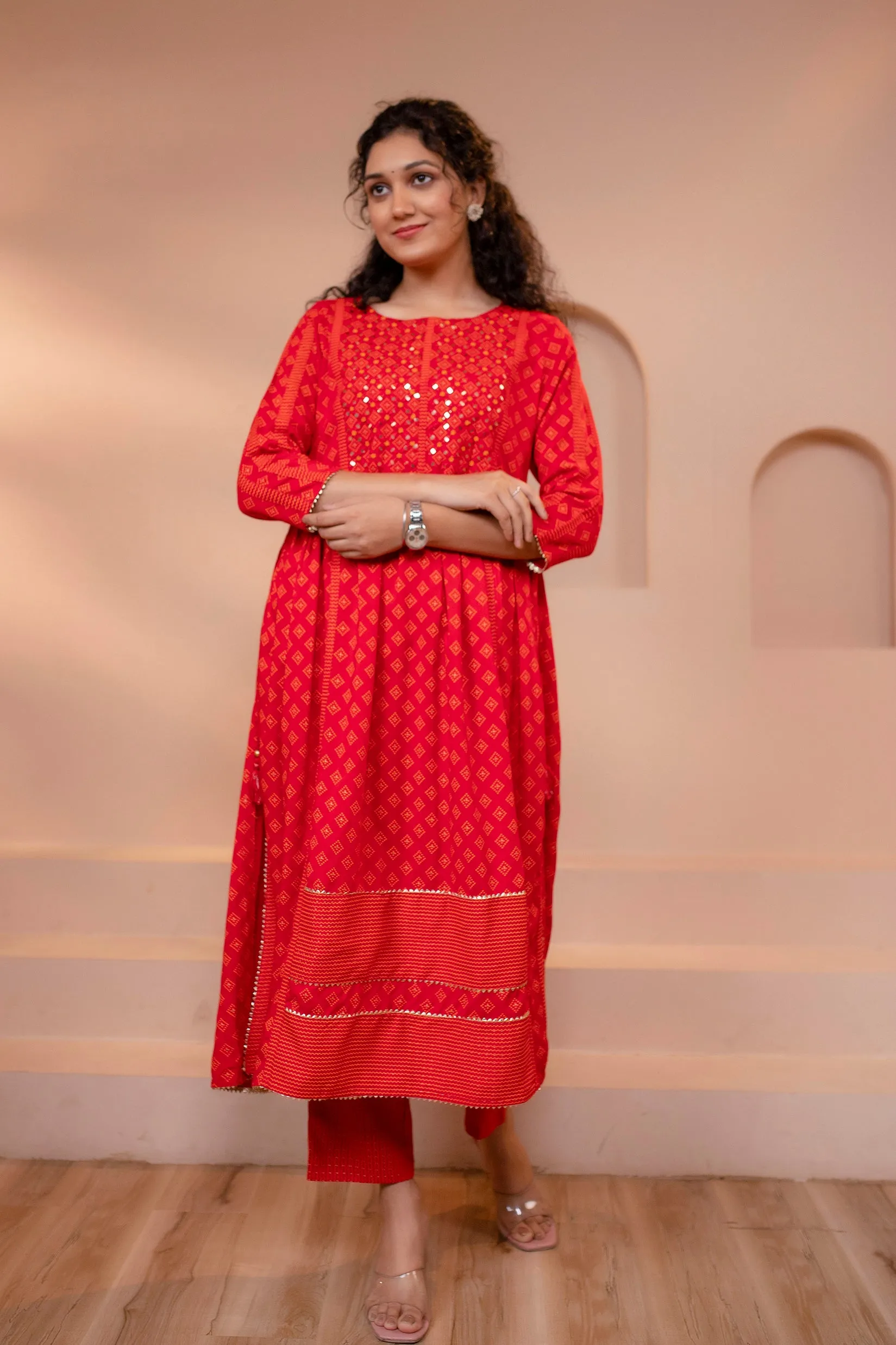 Women's Red Rayon Nyara Cut A-Line Kurta Pant and Dupatta With Fancy Potli Set