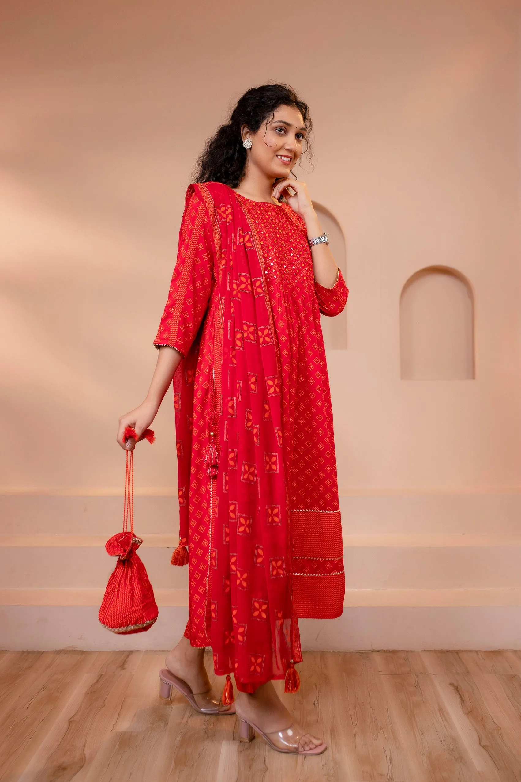 Women's Red Rayon Nyara Cut A-Line Kurta Pant and Dupatta With Fancy Potli Set