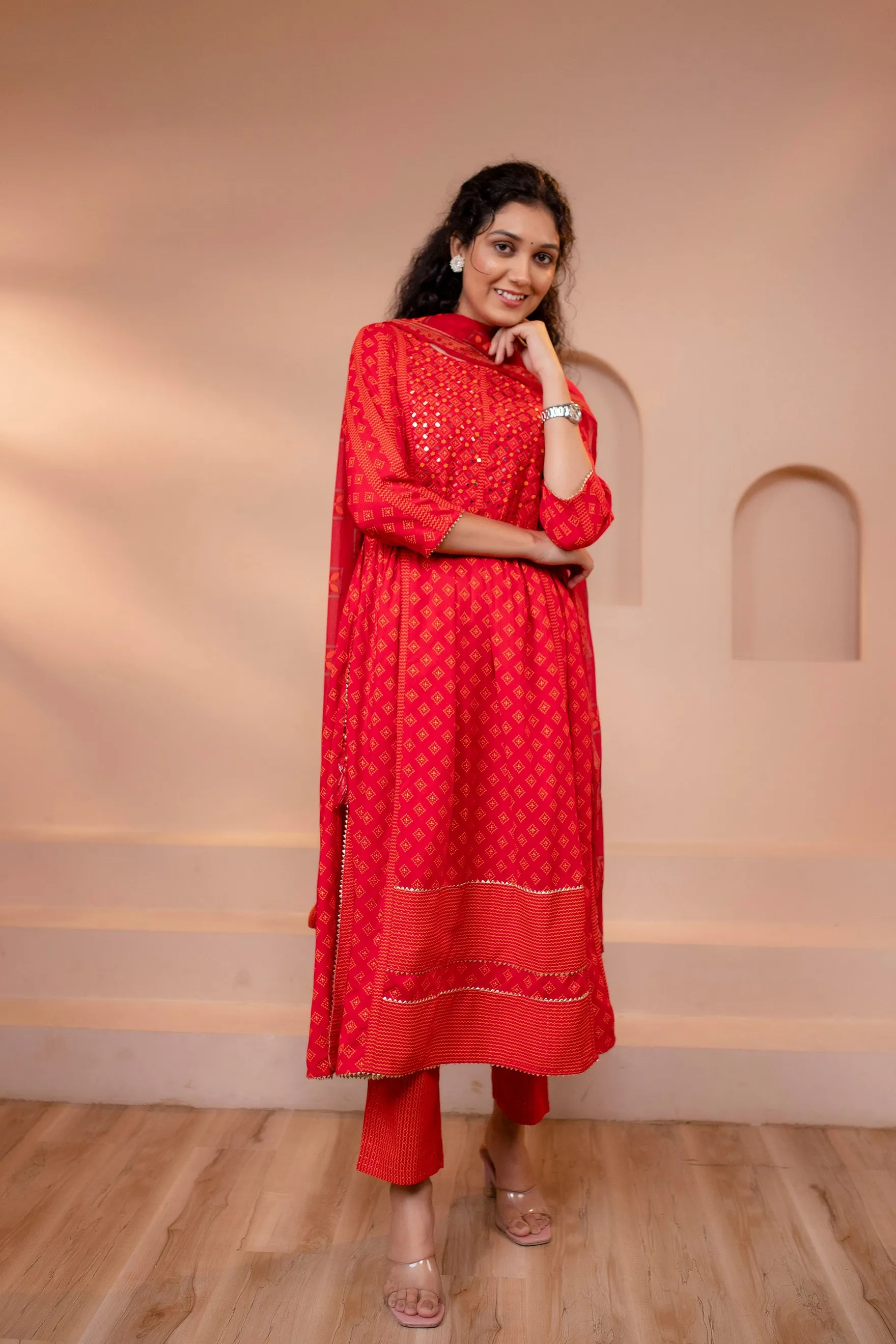 Women's Red Rayon Nyara Cut A-Line Kurta Pant and Dupatta With Fancy Potli Set