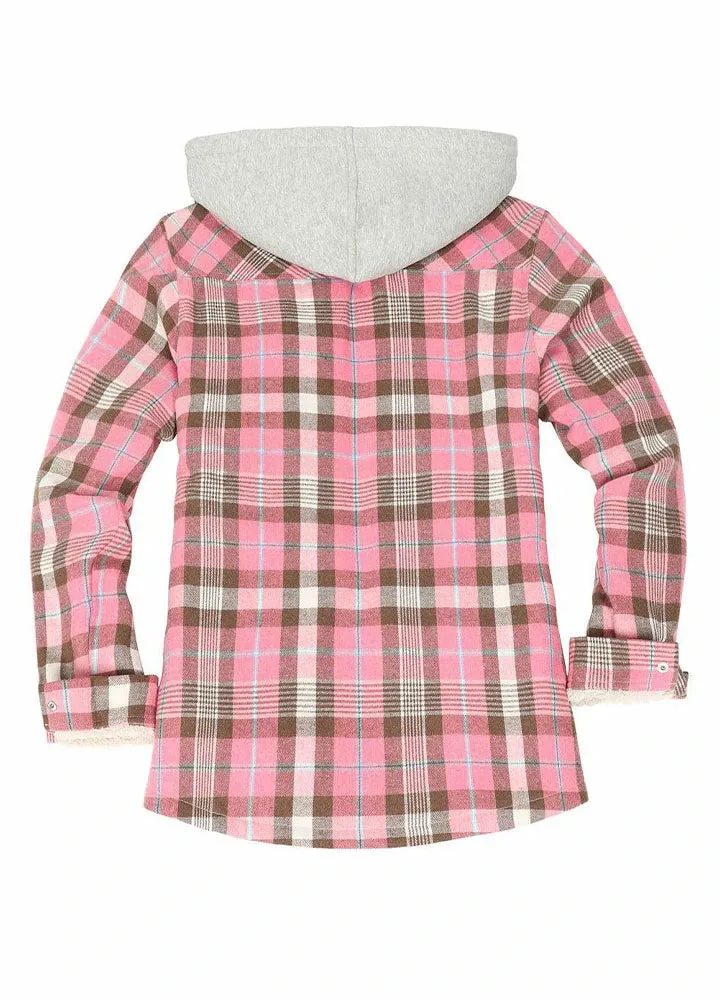 Women's Sherpa-Lined Snap Button Flannel Jacket with Fleece Hood-Pink