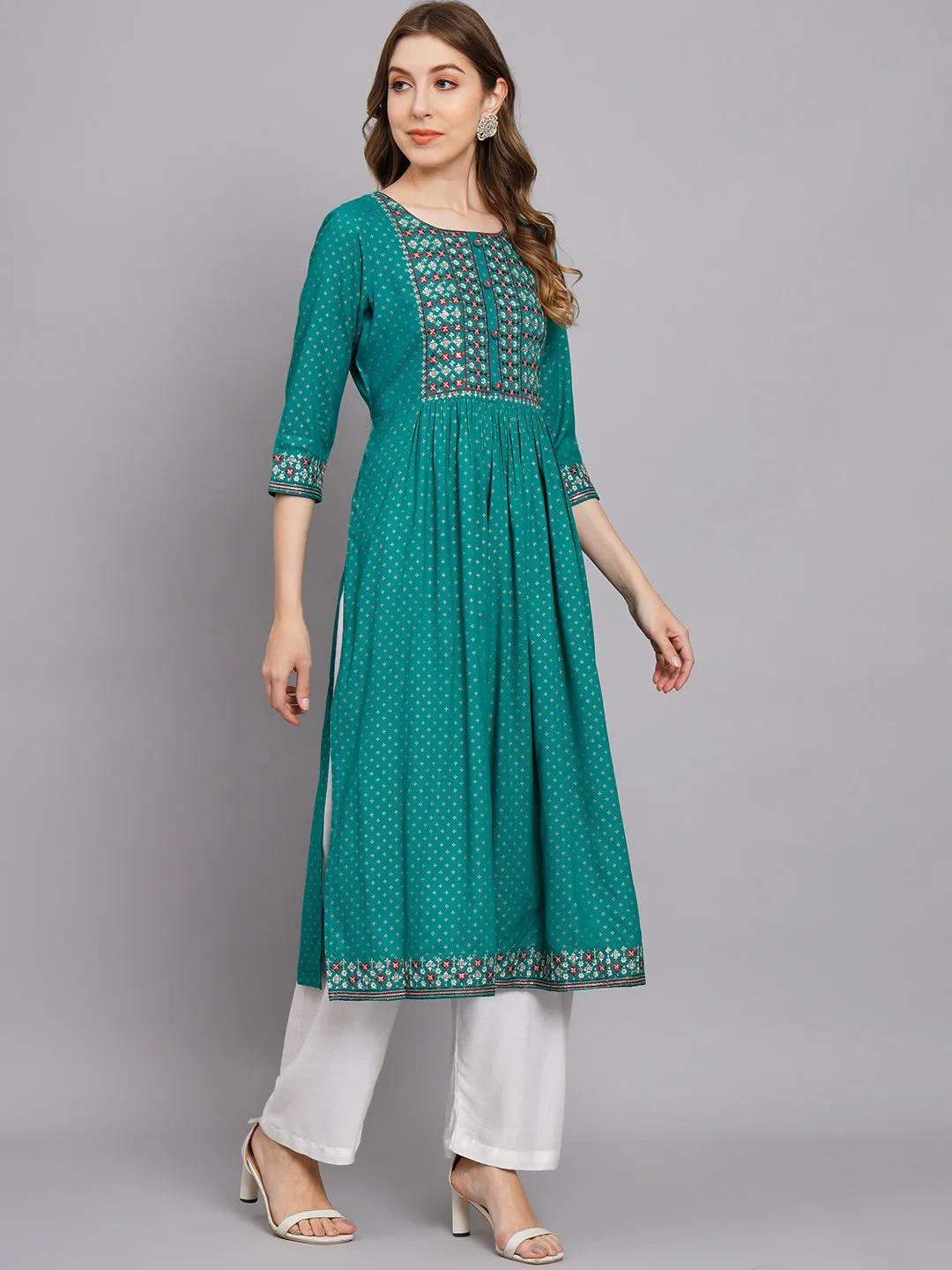 Women's Turquoise Rayon A-Line Kurta