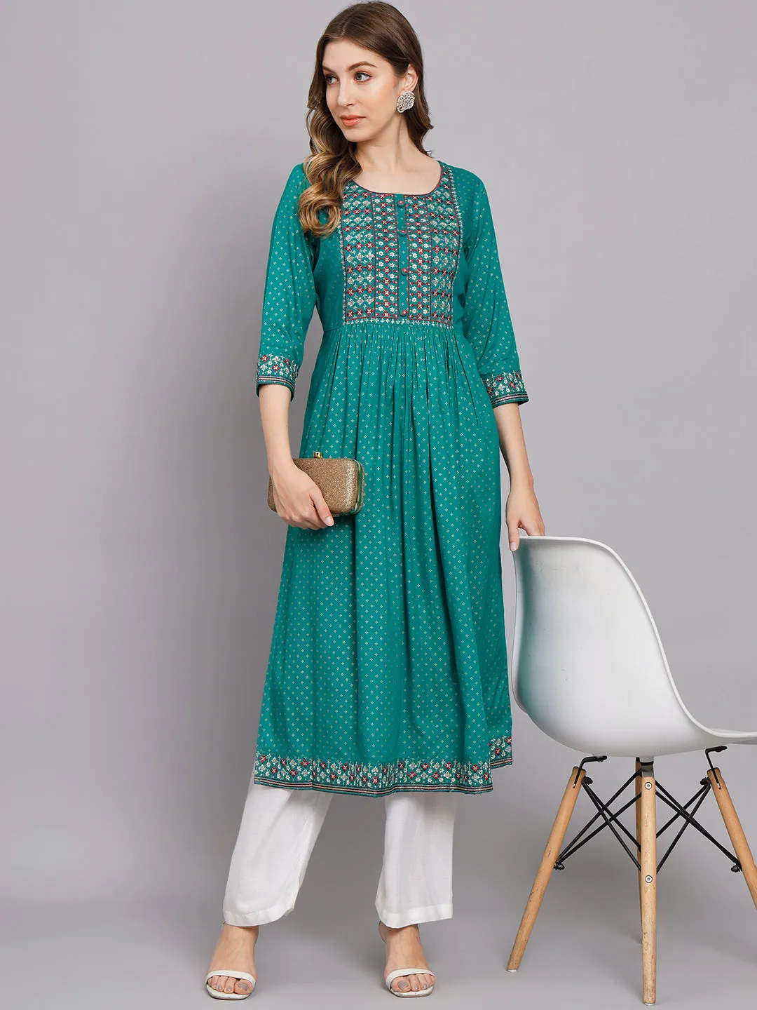 Women's Turquoise Rayon A-Line Kurta