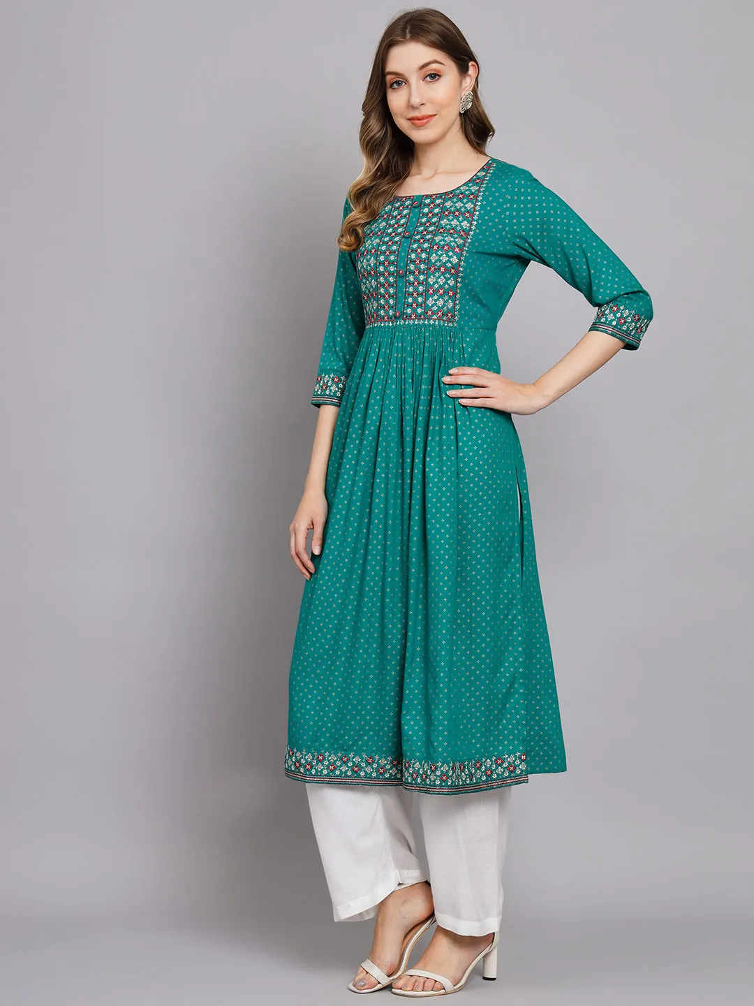 Women's Turquoise Rayon A-Line Kurta