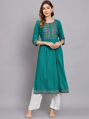 Women's Turquoise Rayon A-Line Kurta