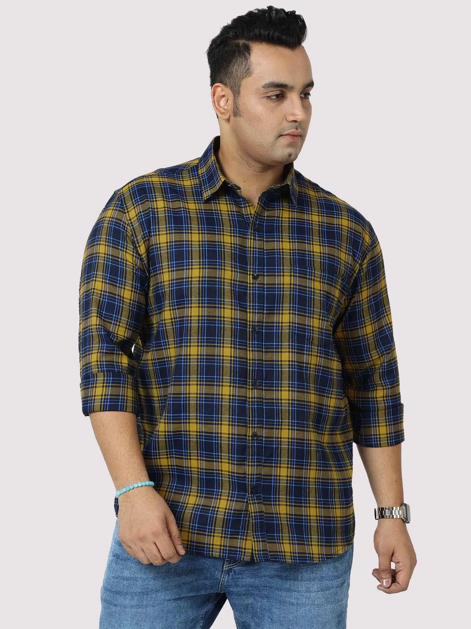 Yellow and Navy Blue Checkered Full Shirt Men's Plus Size