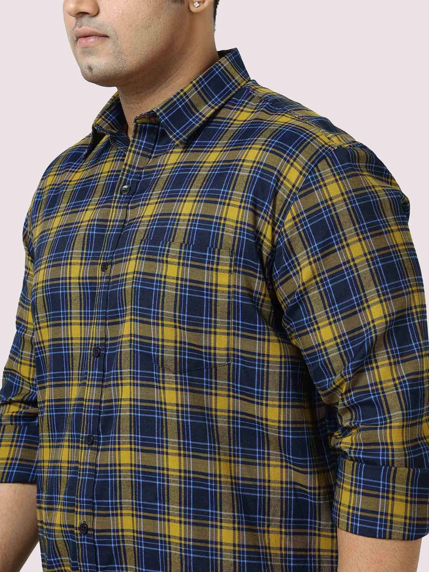 Yellow and Navy Blue Checkered Full Shirt Men's Plus Size